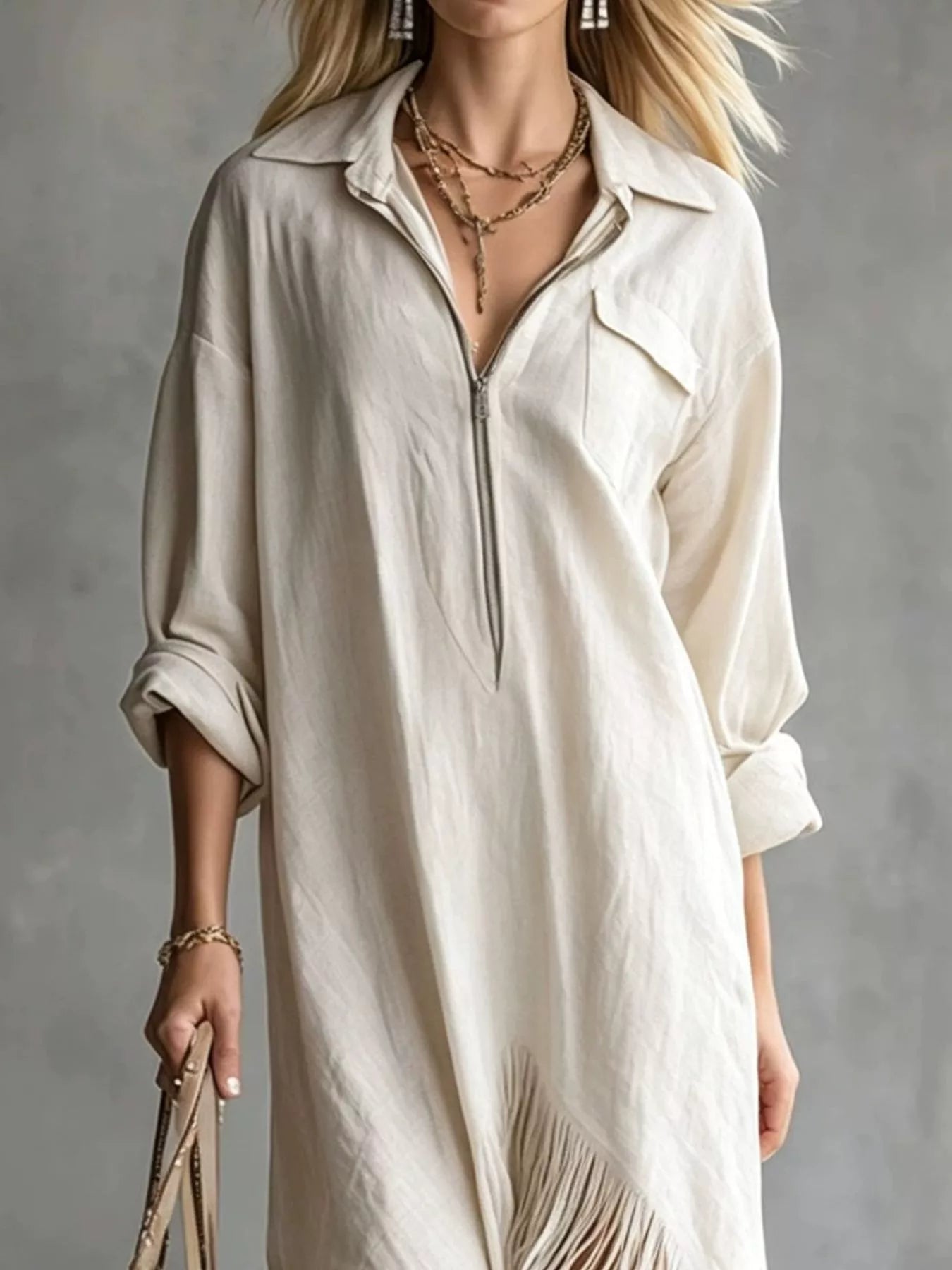 Fringe Hem Zip-Up Shirt Dress