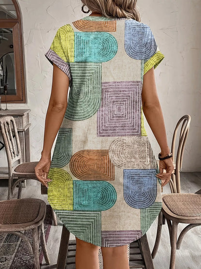 Full Size Geometric Print Button-Down Shirt Dress Plus Size