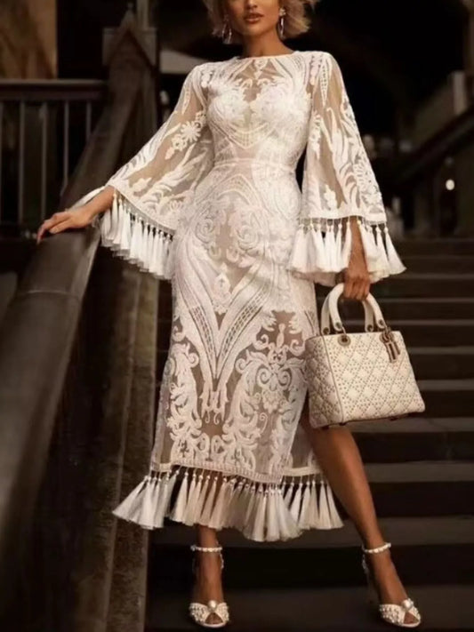 Monica;s Plus Size Tassel Hem Lace Flare Sleeve Dress