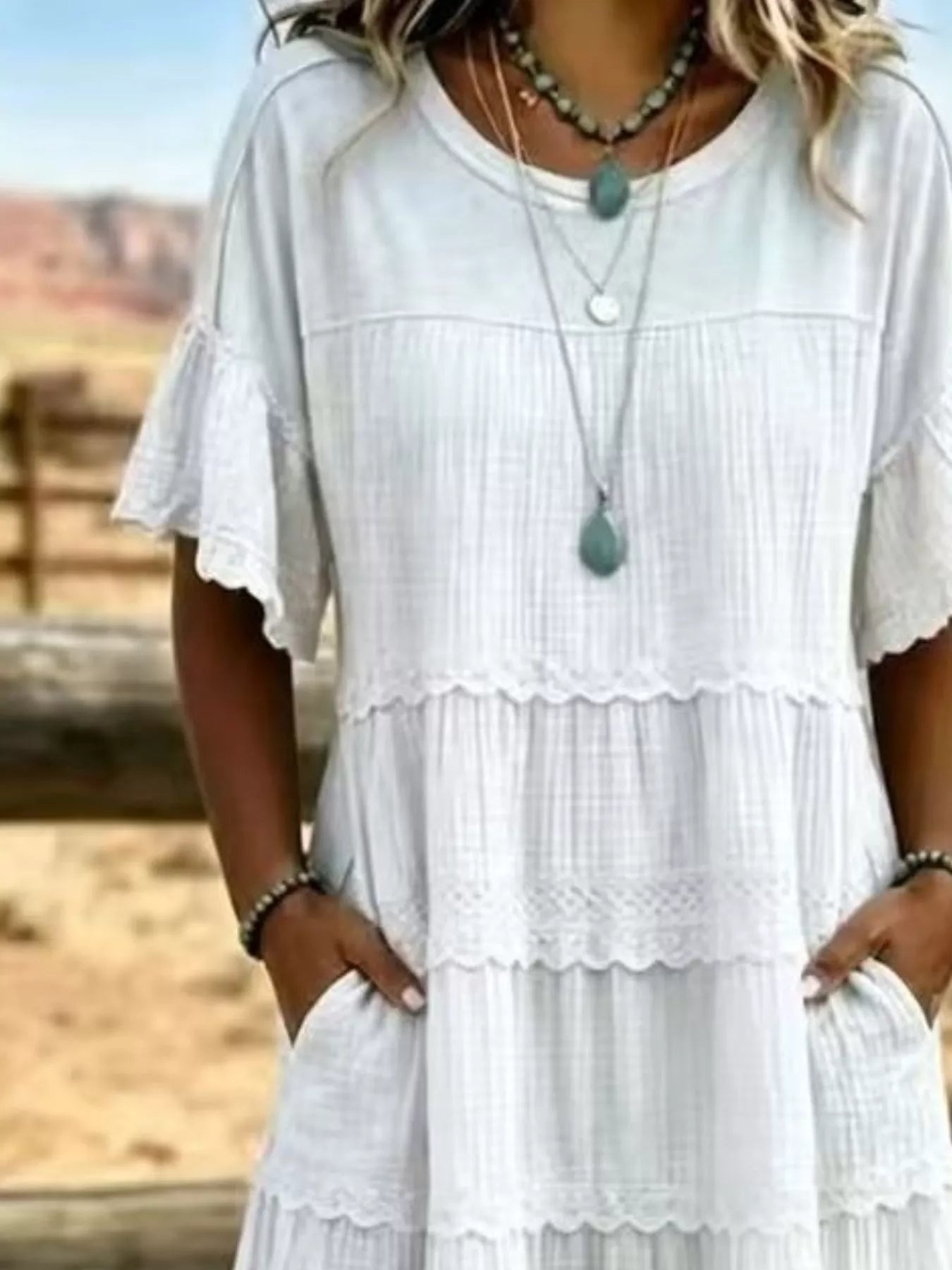 Plus Size Tiered Ruffle Sleeve Midi Dress with Pockets