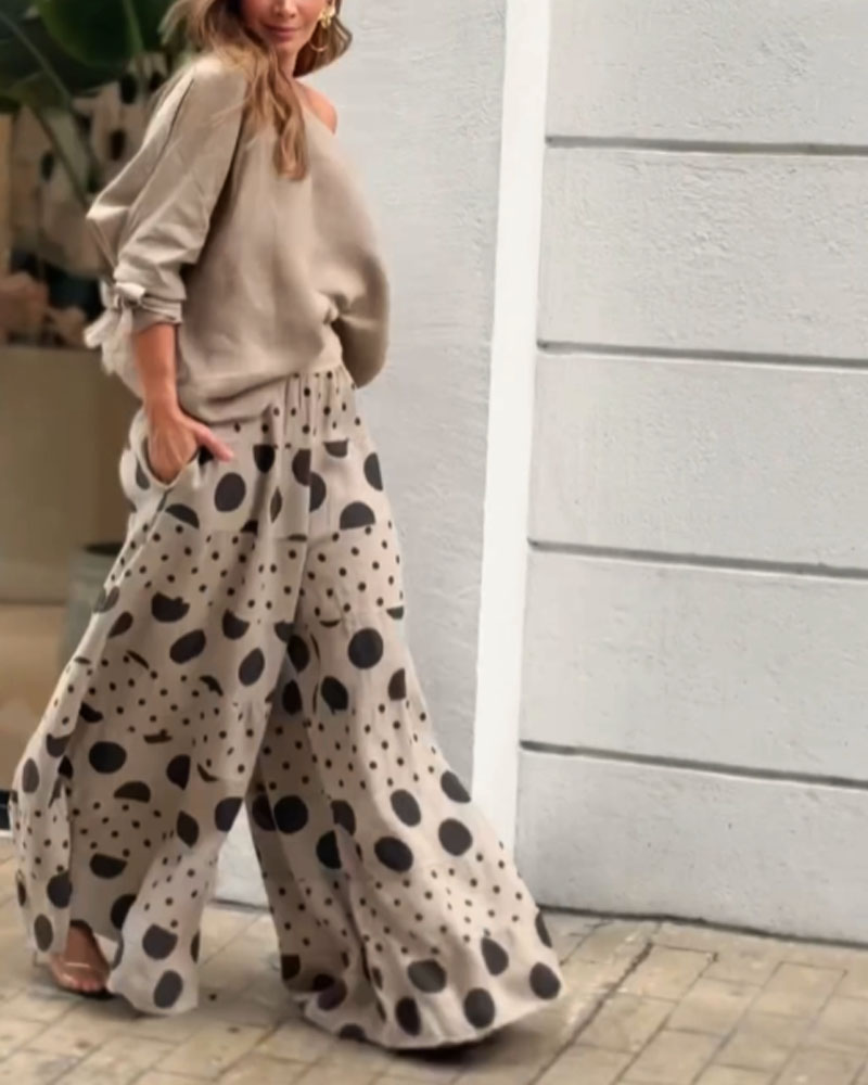 Casual Shoulder Top & Printed Pants Two-Piece Set