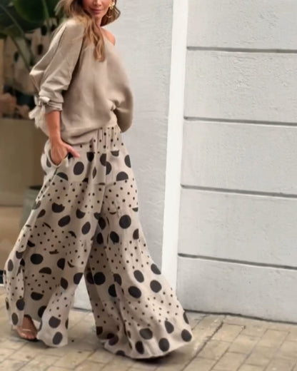 Casual Shoulder Top & Printed Pants Two-Piece Set