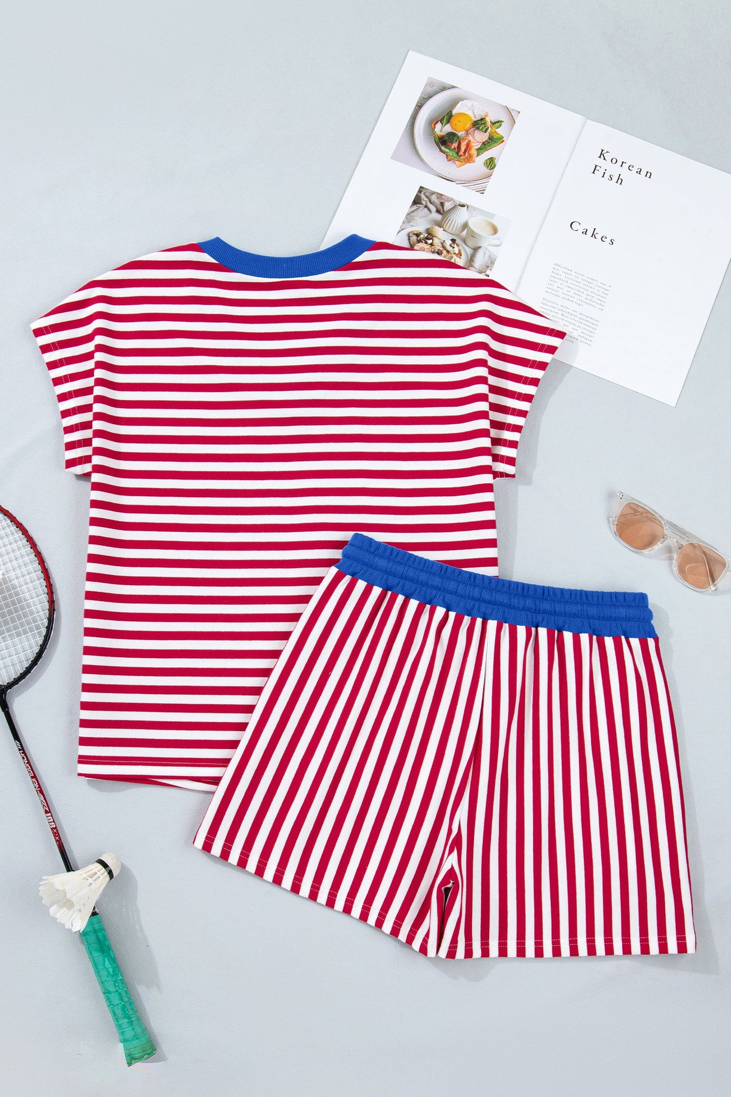 Yellow Stripe Colorblock Trim V Neck Tee Drawstring Elastic Waist Short Set