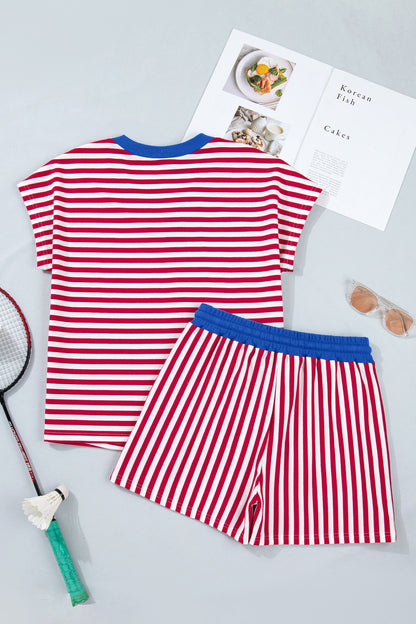 Yellow Stripe Colorblock Trim V Neck Tee Drawstring Elastic Waist Short Set
