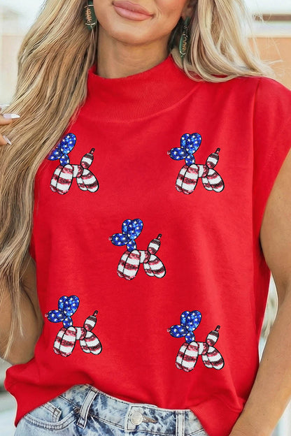 Racing Red Sequin American Flag Balloon Dog High Neck Short Sleeve Top