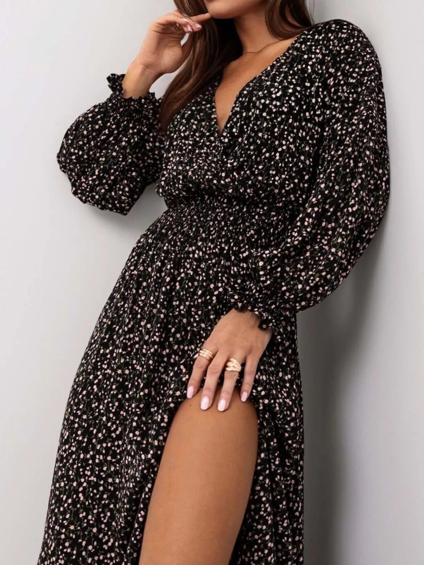 Bohemian Printed Maxi Dress with Plunging Neckline