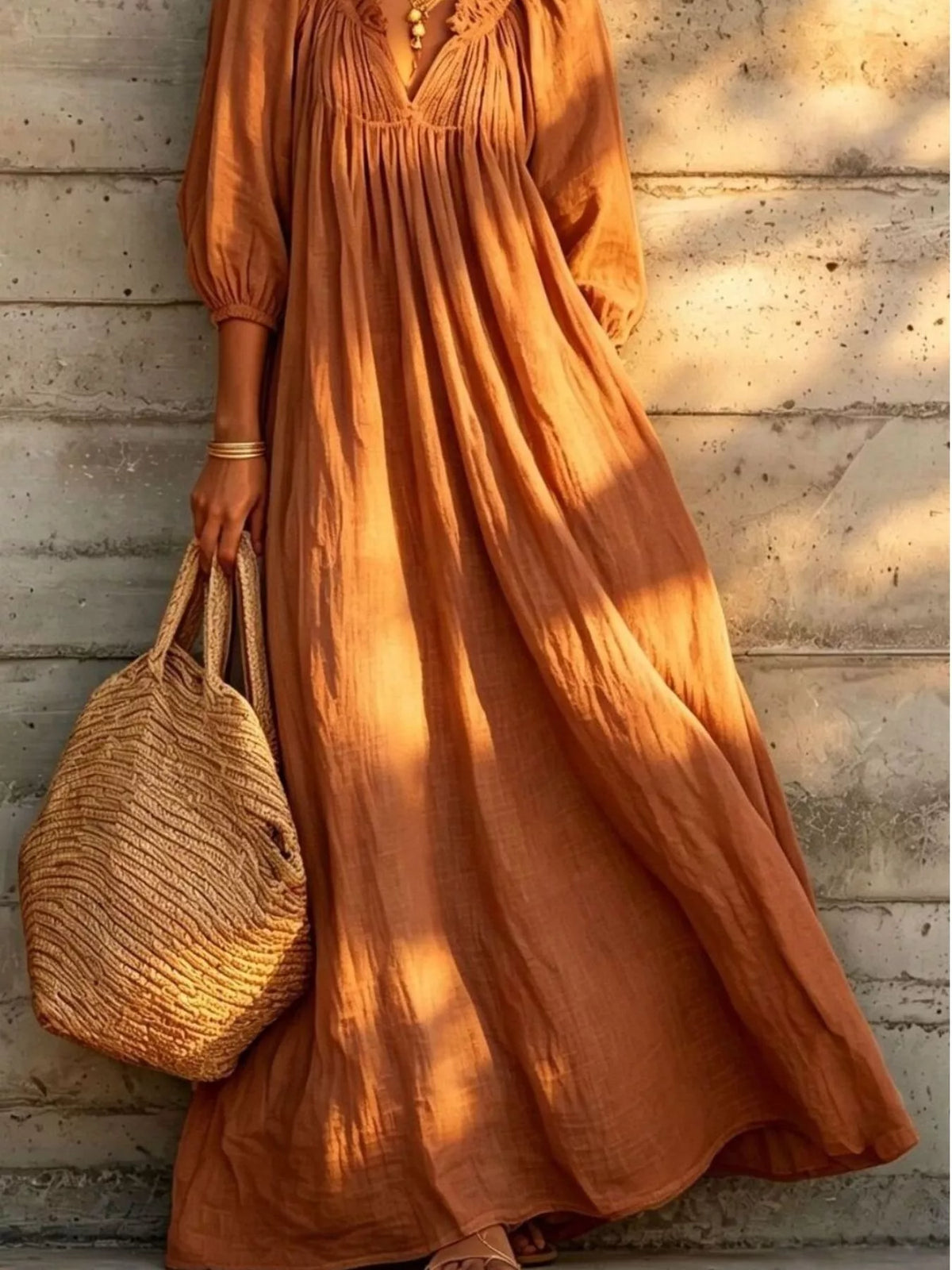 Tiered Notched 3/4 Sleeve Maxi Dress