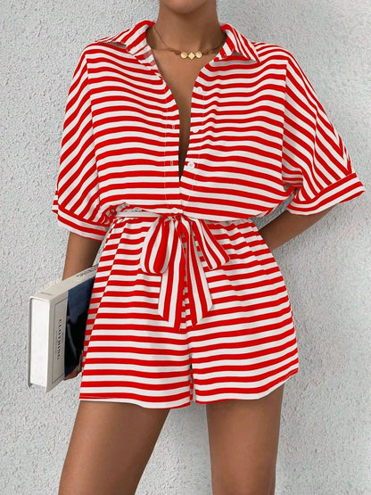 Striped Button Front Half Sleeve Romper