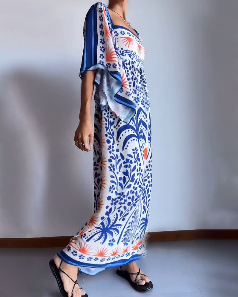 Blue bell sleeve printed loose dress