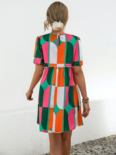 Blue Zone Planet | Geometric Frill Round Neck Short Sleeve Dress