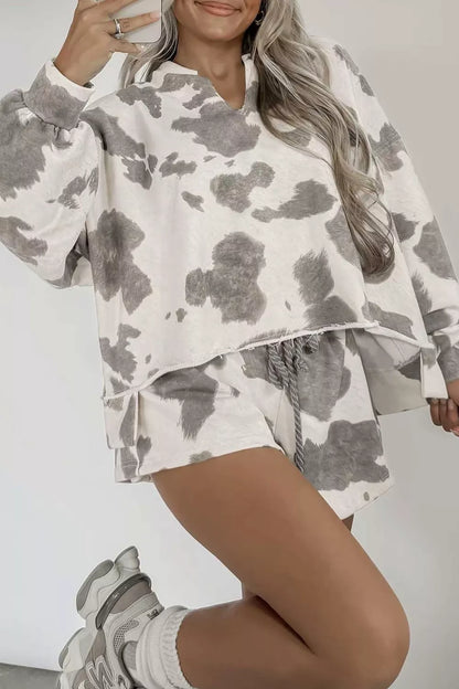Cow Print Top and Drawstring Shorts Set