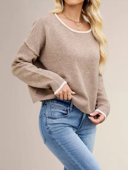 Contrast Trim Dropped Shoulder Sweater