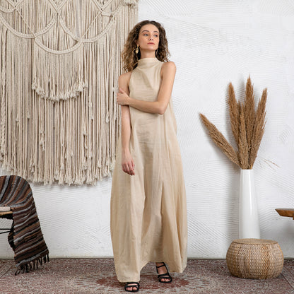 Stand Collar With Drawstring Crinkle Linen Maxi Dress