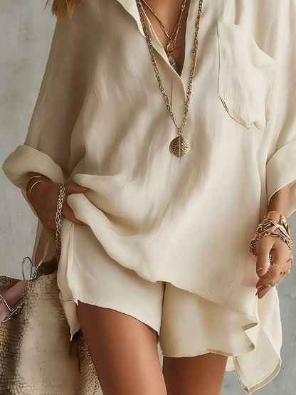 Full Size Oversized Long Sleeve Shirt and Shorts Two-Piece Set Plus Size