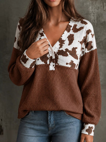 Cow Print Color Block Waffle Knit Blouse