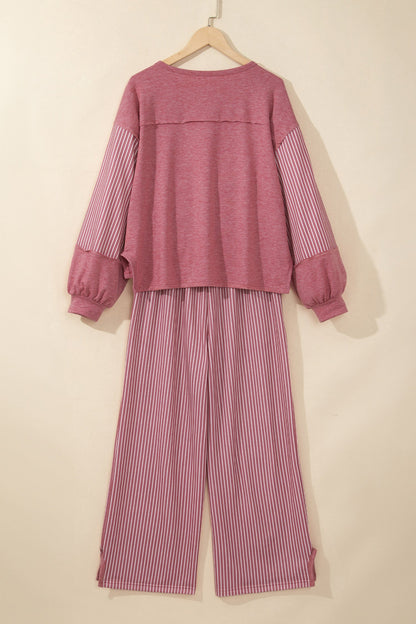 Fushia Raw Seam Patchwork Long Sleeve Top Pocket Casual Pants 2pcs Set