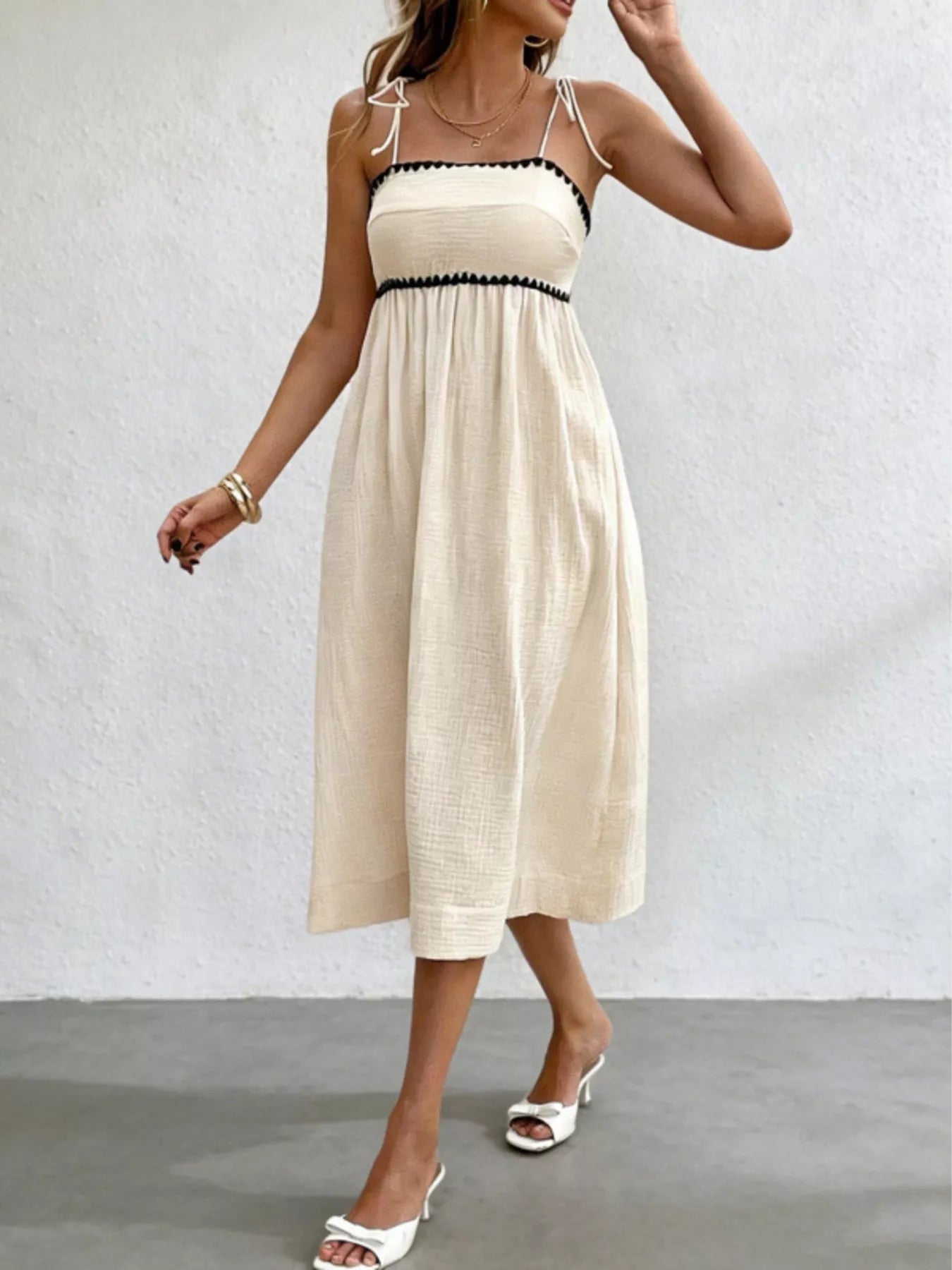 Contrast Trim Tie Shoulder Midi Dress