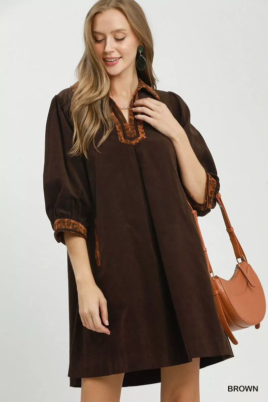 Umgee V-Neck Shift Dress with Contrast Trim