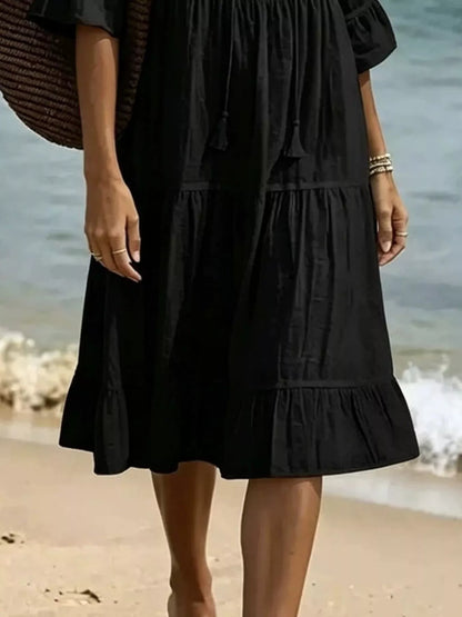 Full Size Tiered Tie Neck Flounce Sleeve Dress Plus Size