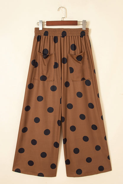 Brown Polka Dot Wide Leg Elastic Waist Casual Pants