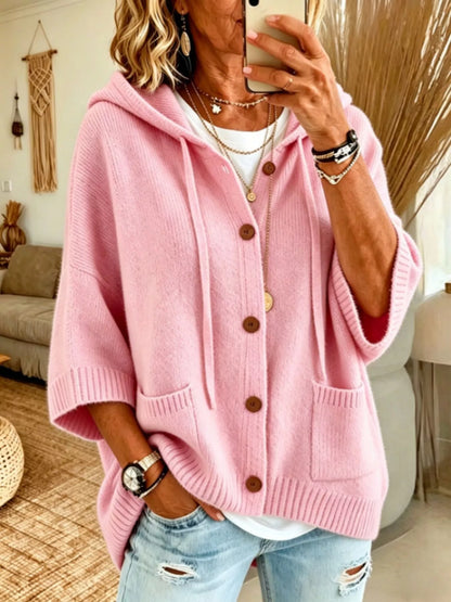 Full Size Casual Hooded Button-Down Knit Cardigan with Pockets Plus Size