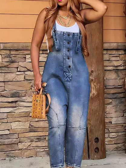 Full Size Button Front Denim Overalls with Pockets Plus Size