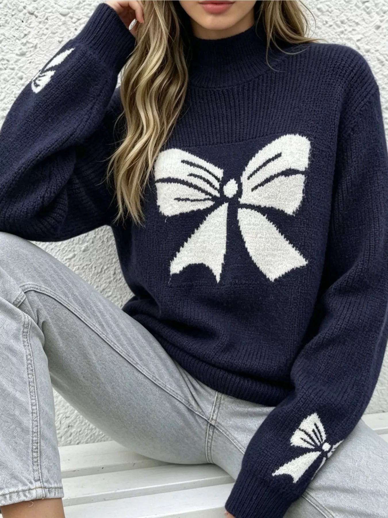 Bowknot Pattern Mock Neck Sweater