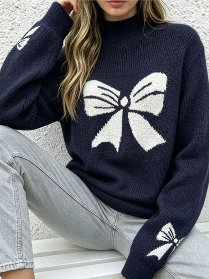 Bowknot Pattern Mock Neck Sweater