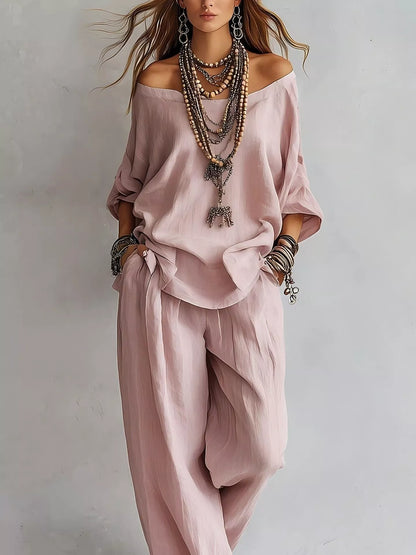 Off-Shoulder Loose Fit Top and Pants Two-Piece Set