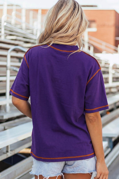 Tillandsia Purple Contrast Seam Detail Checkered Game Day Chenille Graphic Tee