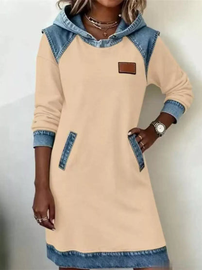 Full Size Denim Patchwork Hooded Sweatshirt Dress Plus Size