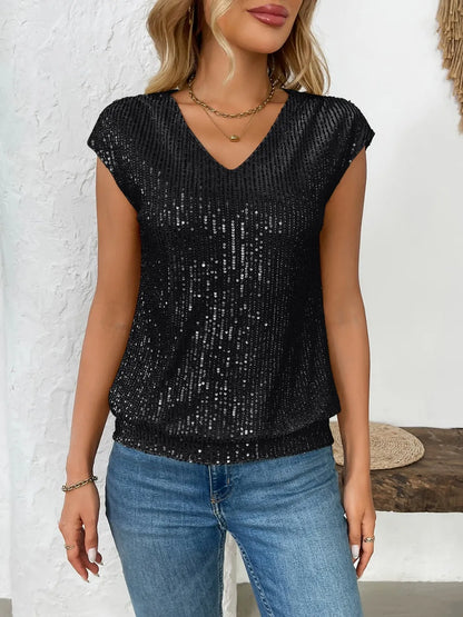 Sequin V-Neck Cap Sleeve Top