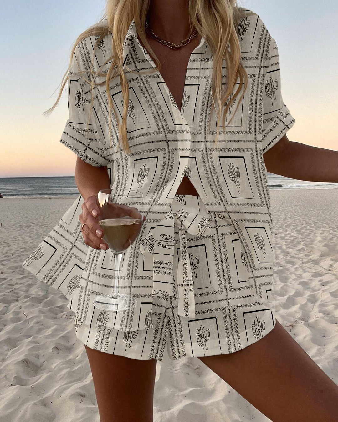 Cactus print casual two-piece set