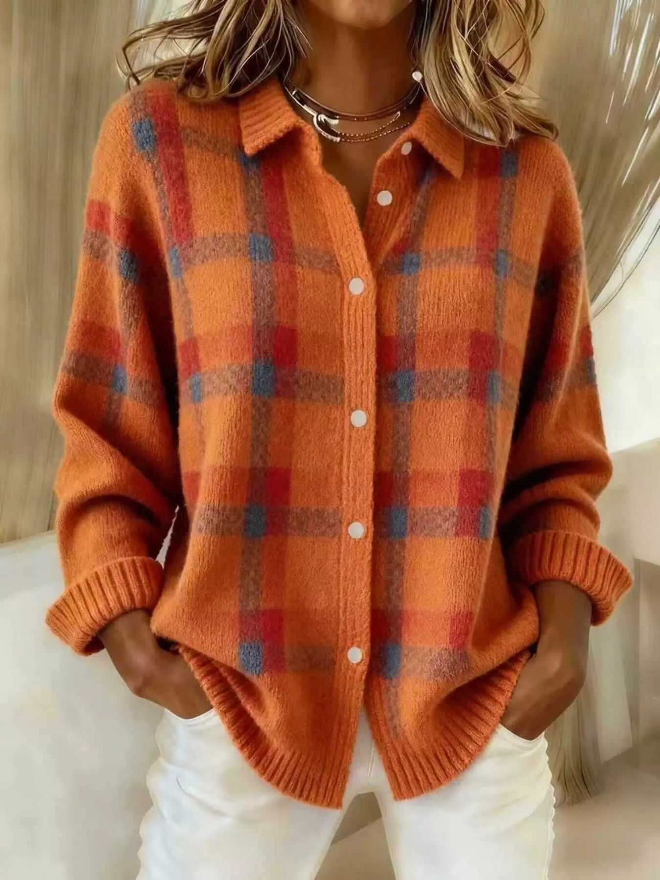 Full Size Plaid Button-Down Knit Cardigan Plus Size