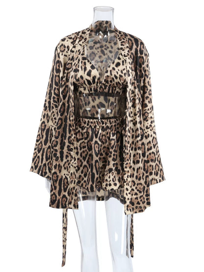 Leopard Bra & Cardigan and Shorts Set
