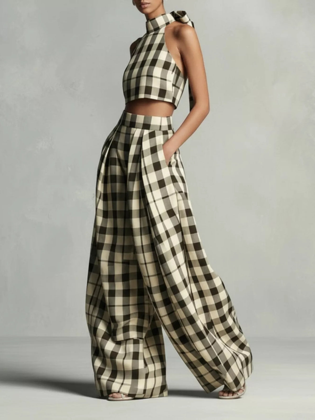 Plaid Halter Neck Crop Top and Wide-Leg Pants Two-Piece Set