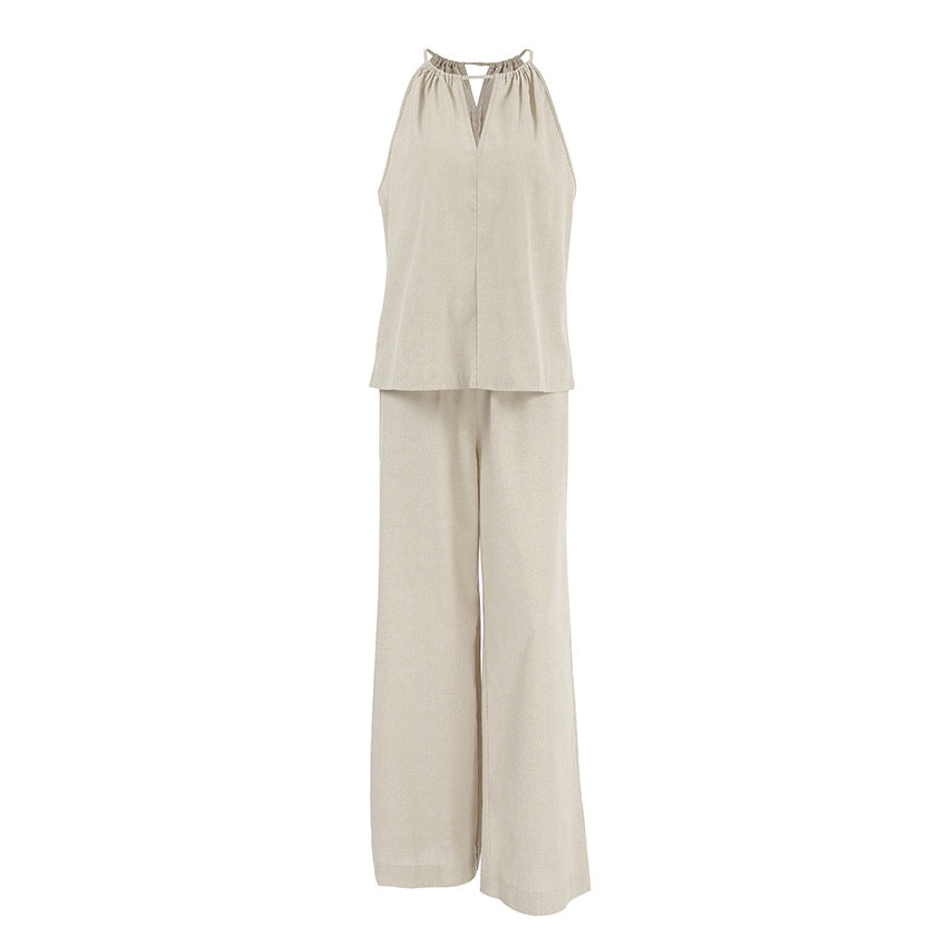 Cotton And Linen Cut-Out Lace-Up Vest & Wide-Leg Pants Two-Piece Set