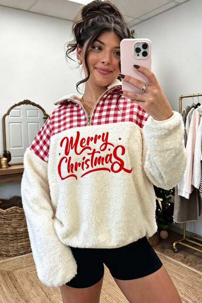 White Plush Plaid Patchwork Merry Christmas Baggy Sweatshirt