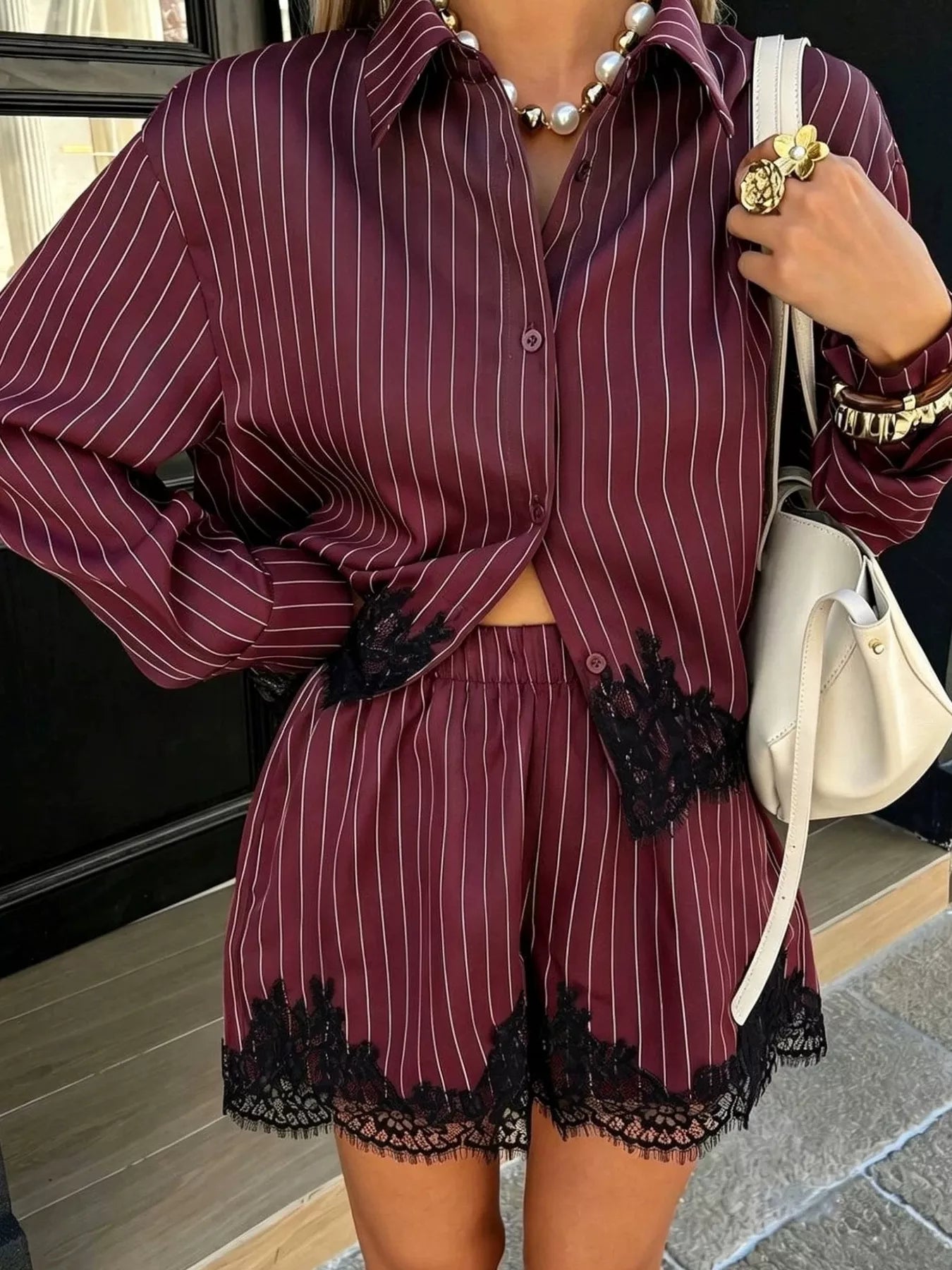 Lace Trim Striped Button-Down Shirt and Shorts Set