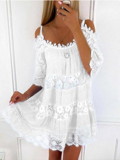 Full Size Bohemian Lace Cold Shoulder Mini Dress Plus Size