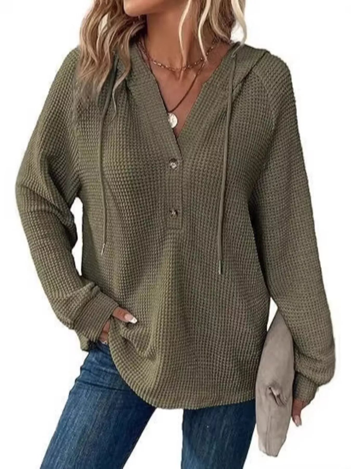 Full Size Waffle Knit Half-Button Hoodie Plus Size
