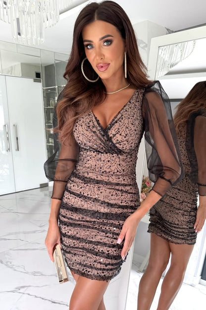 Mini-robe froncée à manches ballon et paillettes en maille