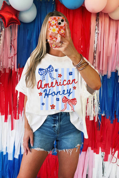 White American Honey Bow Flower Striped Graphic Tee