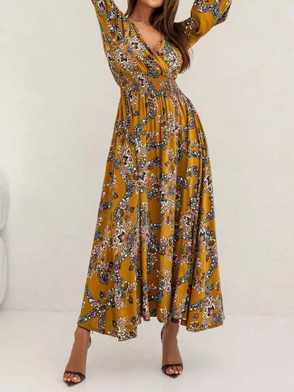 Bohemian Printed Maxi Dress with Plunging Neckline