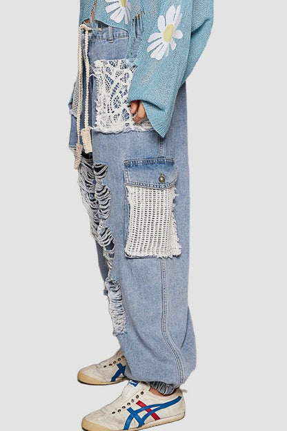 Blue Zone Planet | Pol Crochet Patch Distressed Washed Jeans