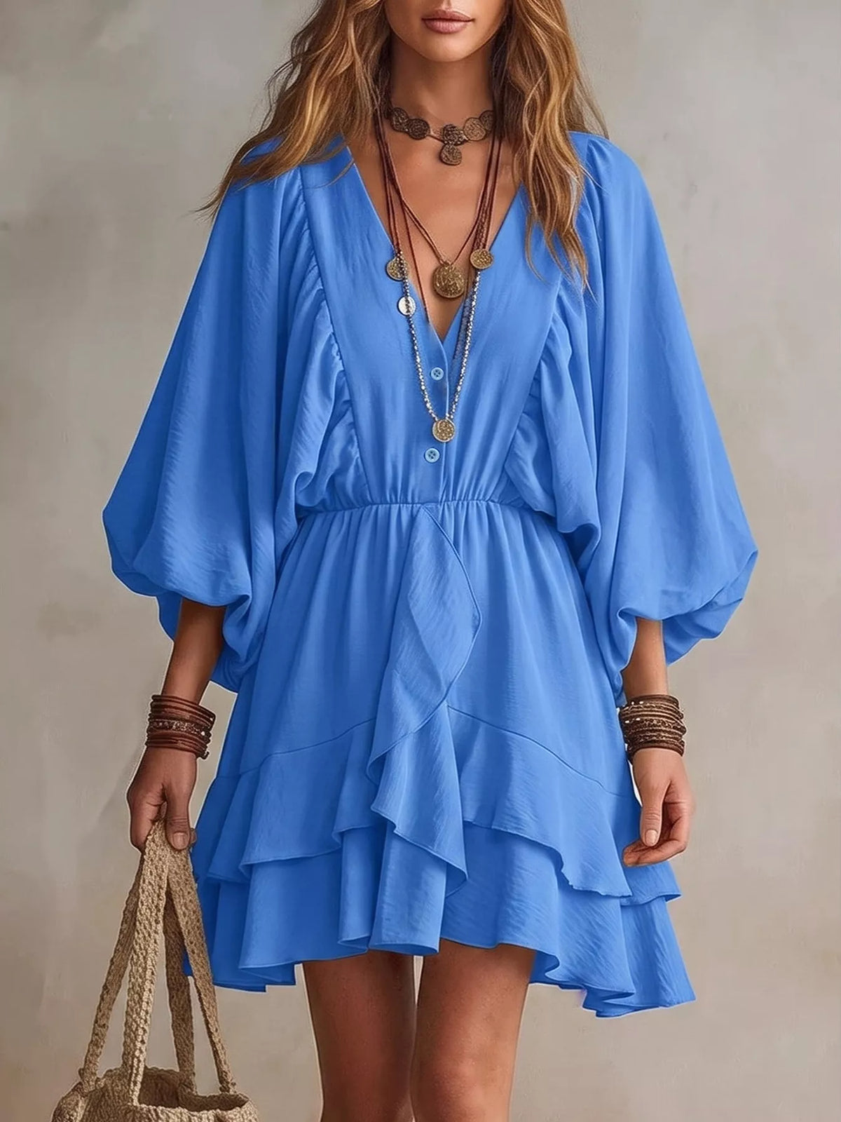 Ruffled Balloon Sleeve Mini Dress