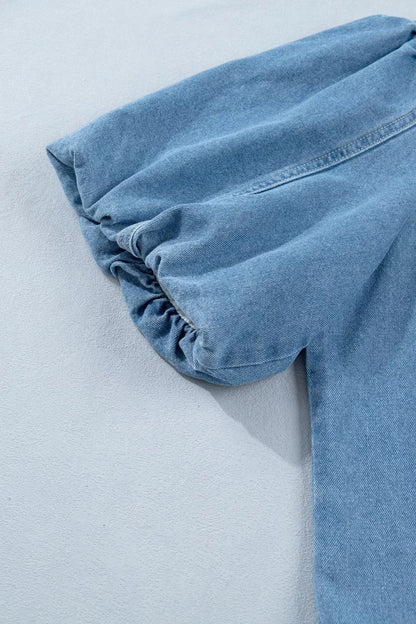 Button Down Short Puff Sleeve Ruffle Hem Denim Dress