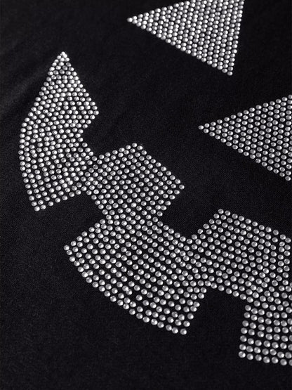 Halloween Rhinestone Pumpkin Face Contrast Ribbed Long Sleeve Patchwork Top