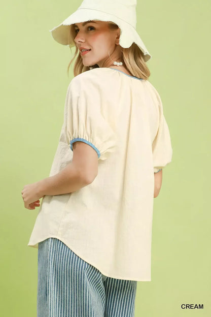 Umgee Contrast Trim Button Front Puff Sleeve Blouse