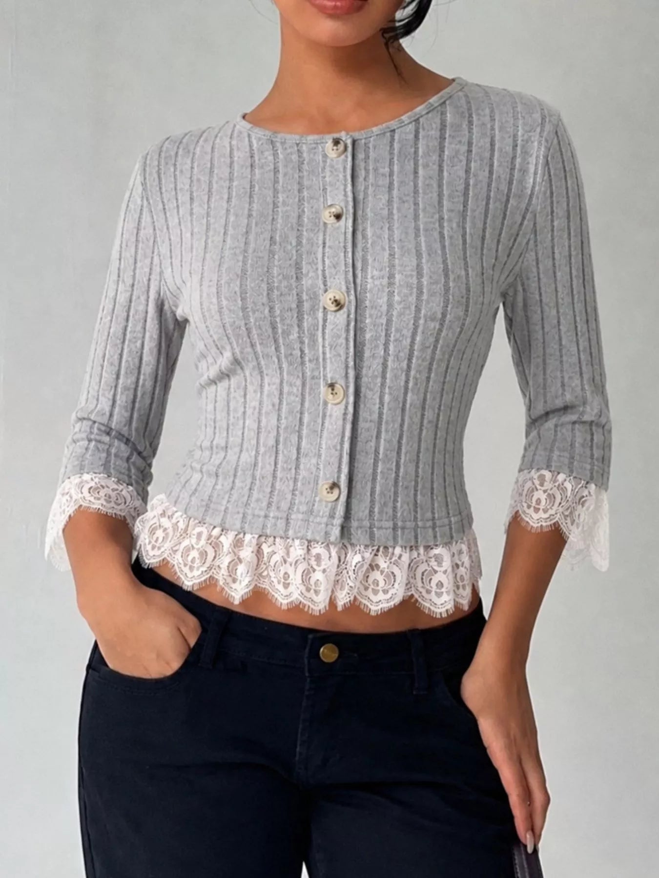 Lace Hem Ribbed Knit Button-Down Top